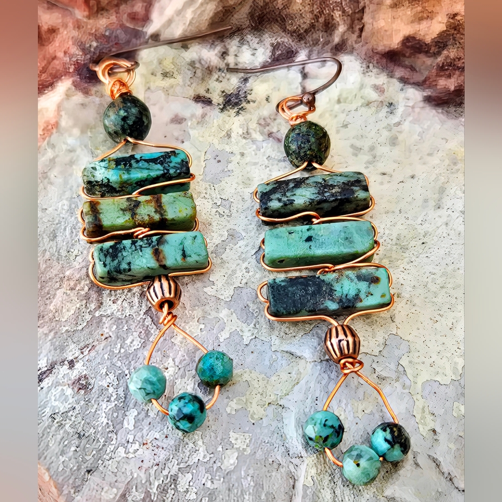 West African Sahel's African Turquoise/ Jaspers Artisan & Tribal Copper Earrings